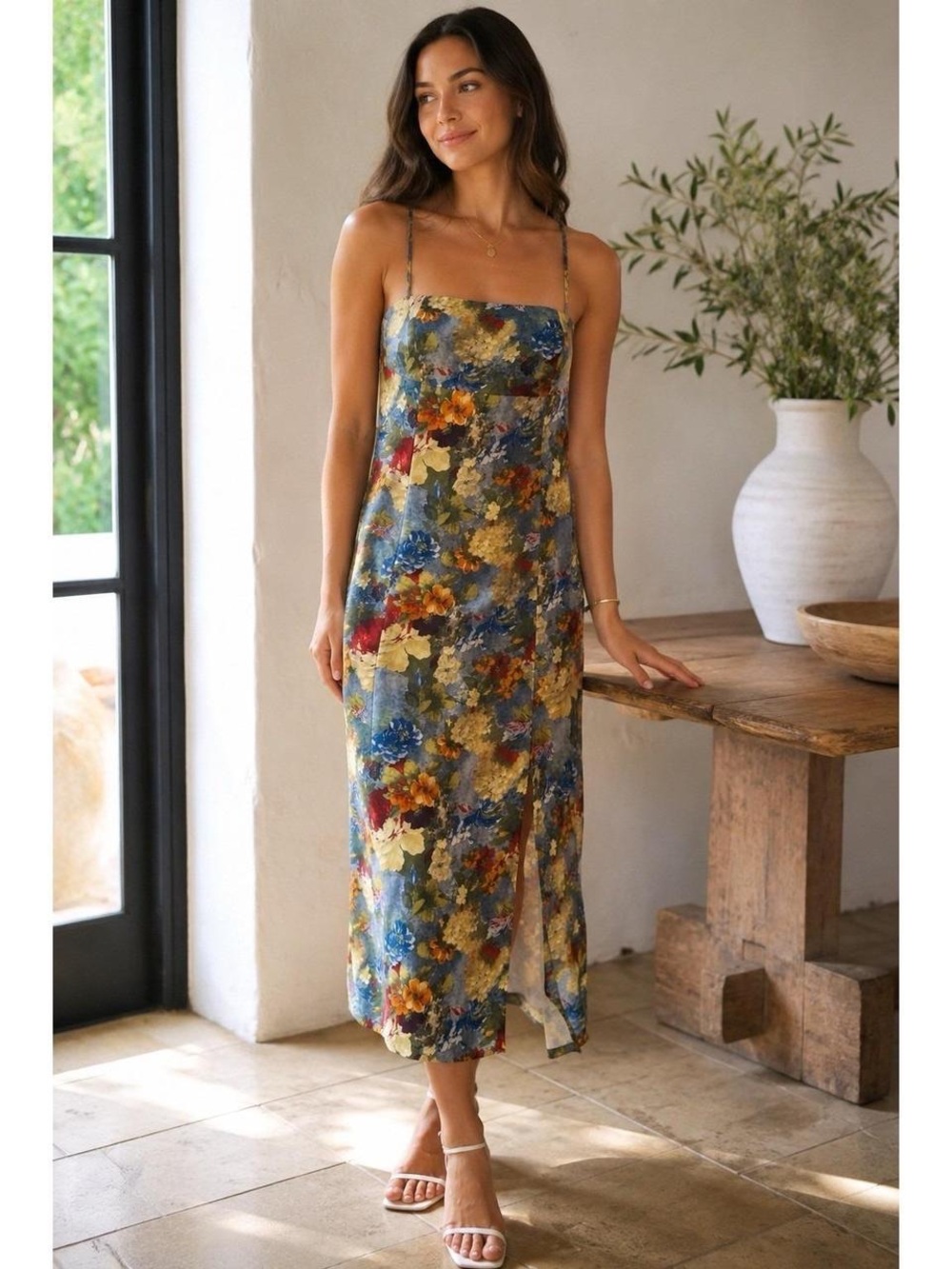 Urban Outfitters Multi Floral Midi Slip Dress in Blue, Yellow, Red